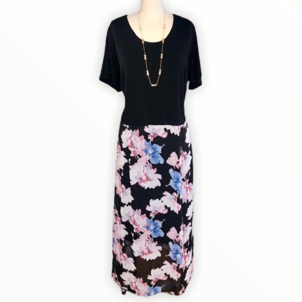 Vince Camuto black floral short sleeve long dress, 2X - Picture 2 of 6